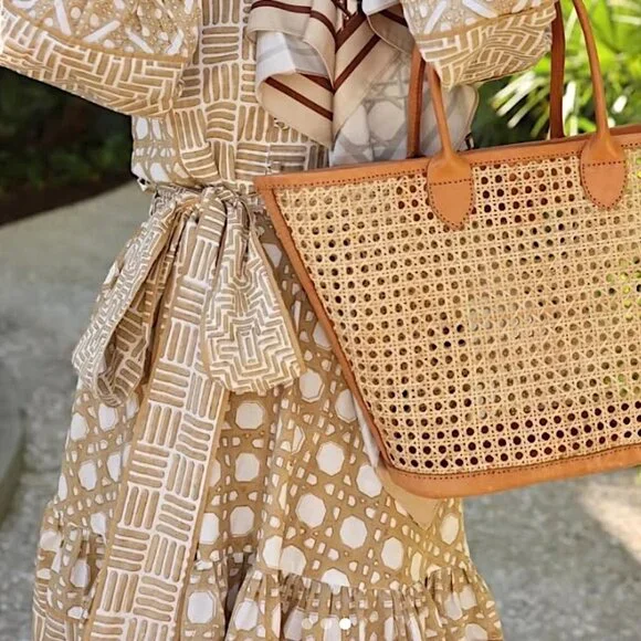 SUE SARTOR Fairfield Basketweave Top & Midi Skirt SET Caning Collection Tan - Picture 4 of 13